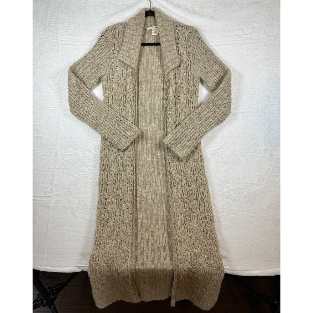 Free People Duster Cardigan Womens Large Tan Wool Blend Open Knit Long Sweater